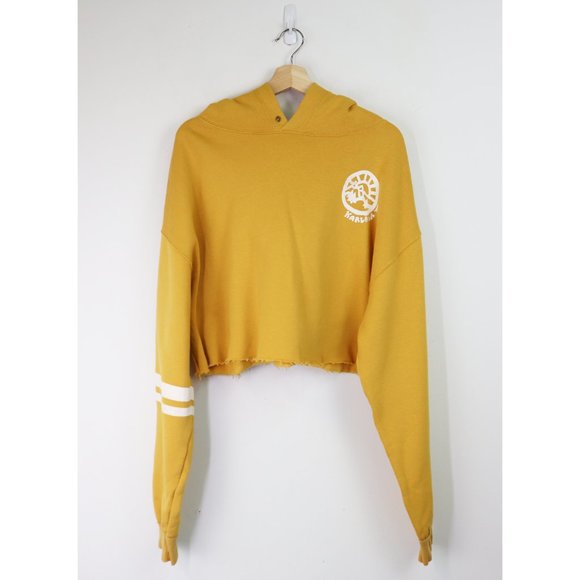 NWT Free People Baldwin Graphic Crop Hood Sweater Hoodie Sky Canary Yellow Large - Picture 4 of 10